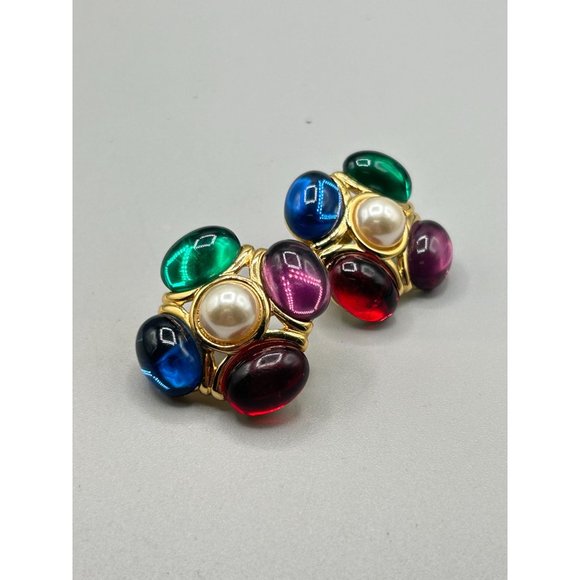 Signed NAPIER Clip On Earrings 80s Jeweled Multicolor Cabochons with Faux Pearls - Picture 2 of 6